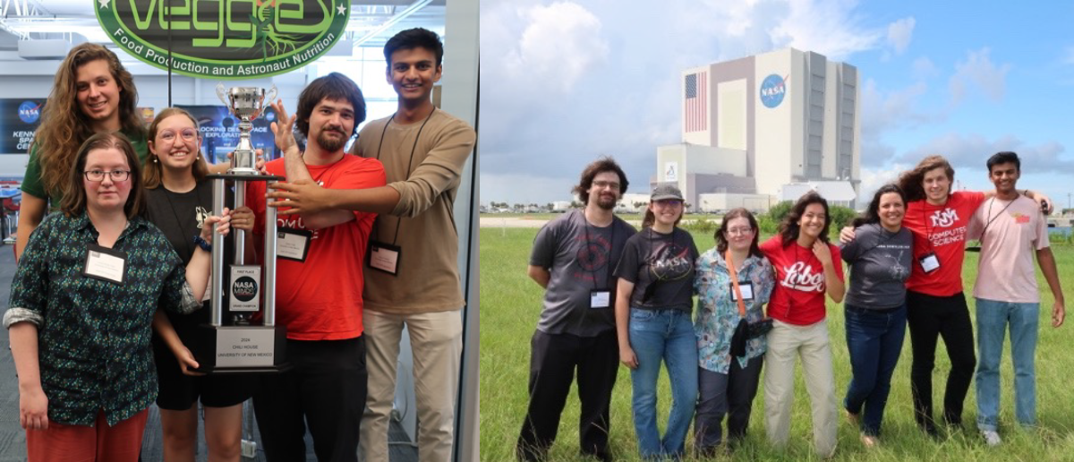 Photo: Figure 3. Chili House team members at Kennedy Space Center to accept the grand prize. (Right picture) From left: Carter Frost (CS), Trinity Griffus (Biology, team lead), Tatyana Falkowsky (Biochemistry), Stefany Olivas (Biology), Andrei Popa-Simil (CS), and Shrey Poshiya (CS).    